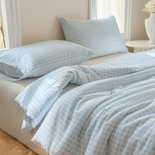 Light Blue Gingham Cotton Comforter Set Queen, 100 Washed Cotton Blue Plaid