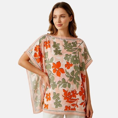 La Marey Peach and Orange Floral Silky Kaftan Boat Neck Top