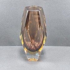 Luigi Mandruzzato Murano Art Glass Vase Faceted Prism Topaz Amber 7.5"