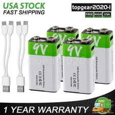 4x 9V 9 Volt Li-ion USB Rechargeable Battery 650mAh Lithium Ion + Charge Cable