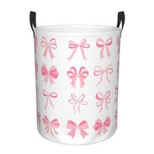 Laundry Hamper Round Waterproof Collapsible Clothes Toy Basket Pink Bow