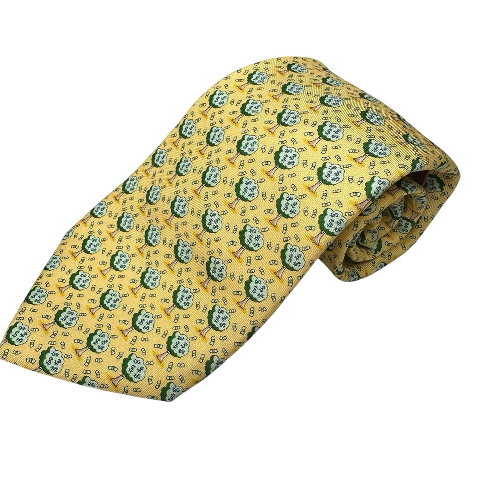 Vineyard Vines Martha’s Vineyard 100% 真丝领带黄色带钱树美国 — 第 2/4 张图片