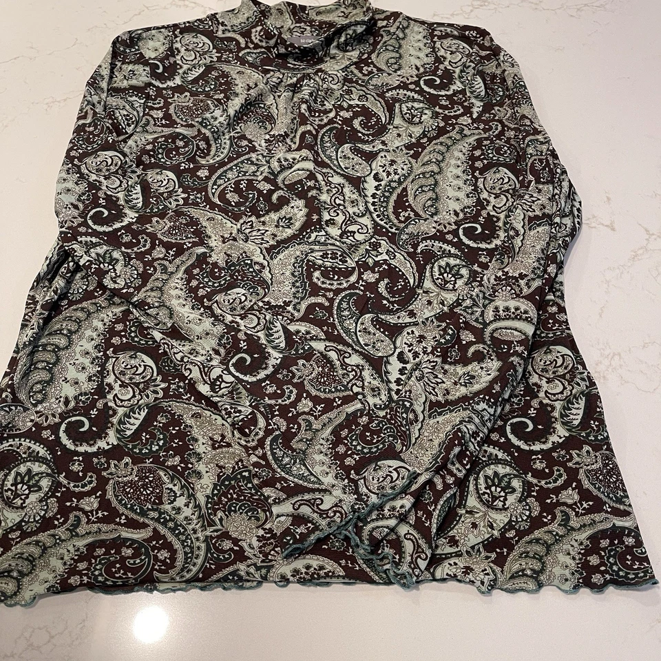 Top Liz Claiborne Mujer L Tejido Verde/Marrón Estampado Lechuga Dobladillo Forrado Cuello Simulado  Foto 3 de 4