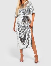 Boohoo Silver Shard Sequin Dress Plus Size 20 Disco Party Glitz & Glam NEW Midi