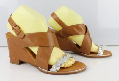 VERONIQUE BRANQUINHO Sandales T 39,5 cuir marron et argent talons compensés TBE - Photo 1/4
