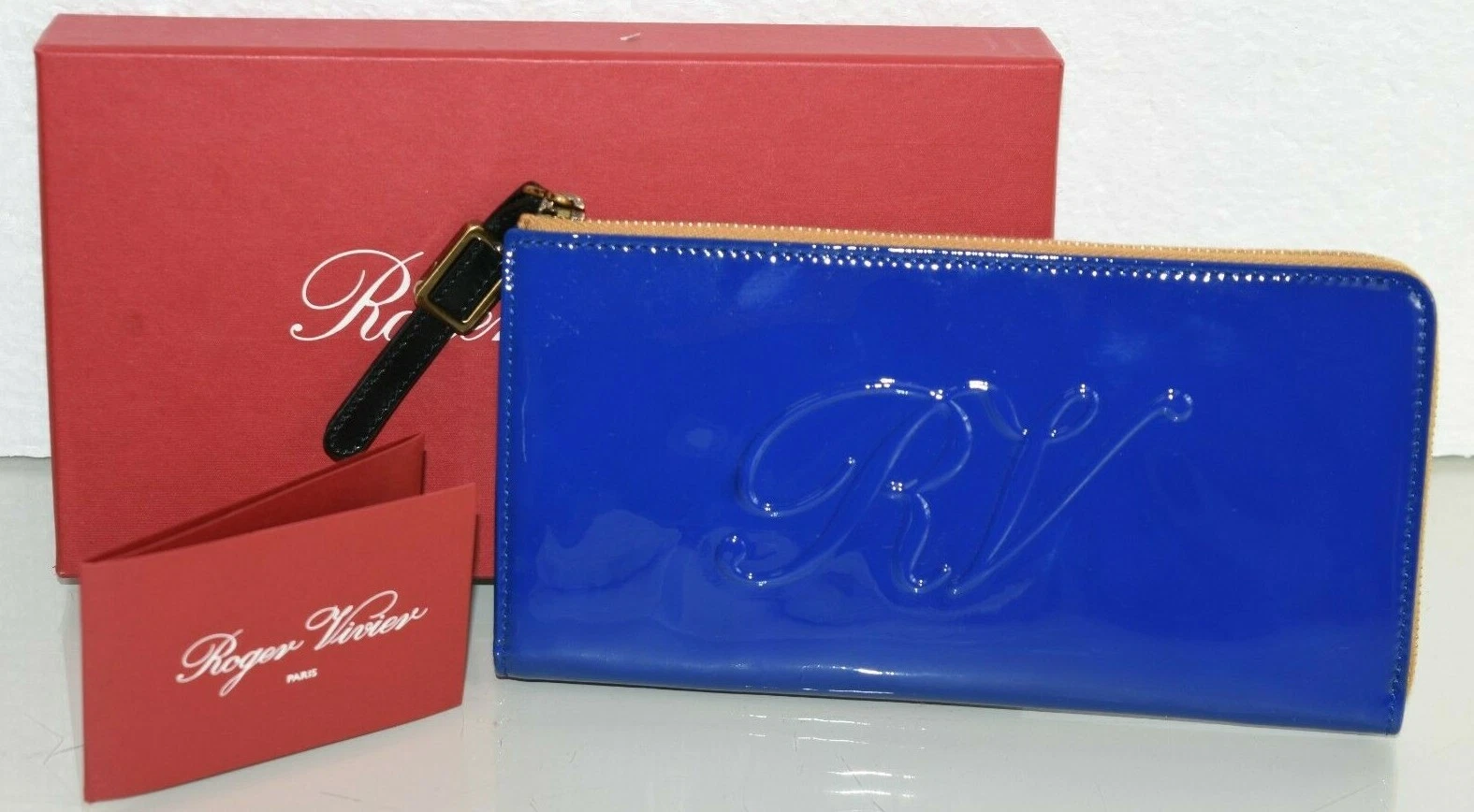 NEUF Roger Vivier cuir verni fermeture éclair portefeuille bleu royal pochette sac assorti chaussures