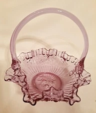 Fenton Glass Basket Pink w/ Ruffled Edge  Vintage Pattern - Cabbage Rose