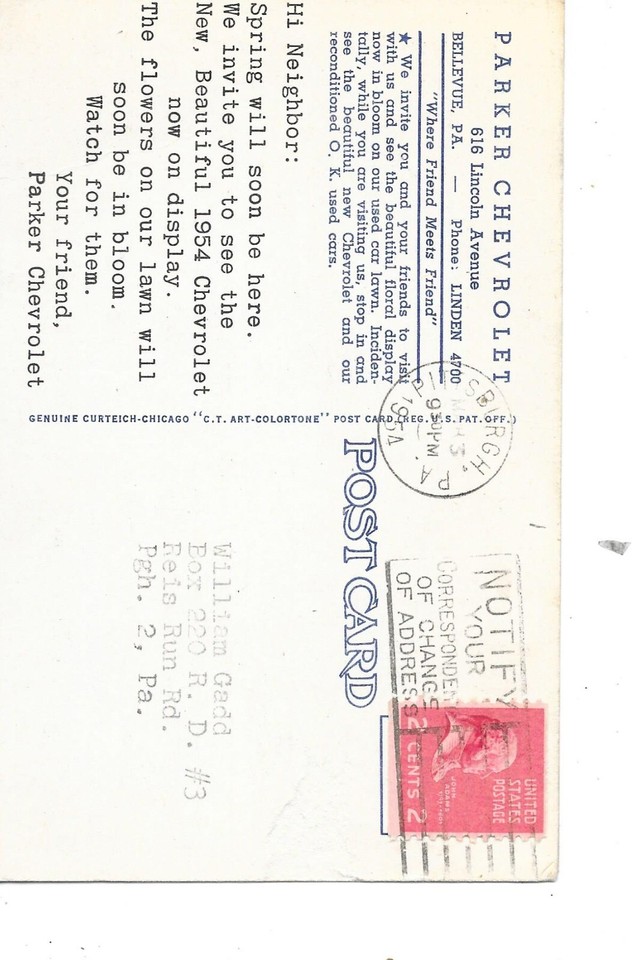 LINEN POSTCARD ADVERTISING CAR AUTO DEALERSHIP PARKER CHEVROLET