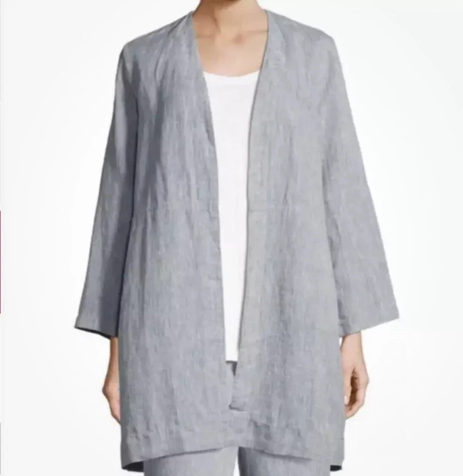 Jaqueta Eileen Fisher Feminina Plus Linho Lagenlook Azul Cinza Orgânica Frente Aberta 2X