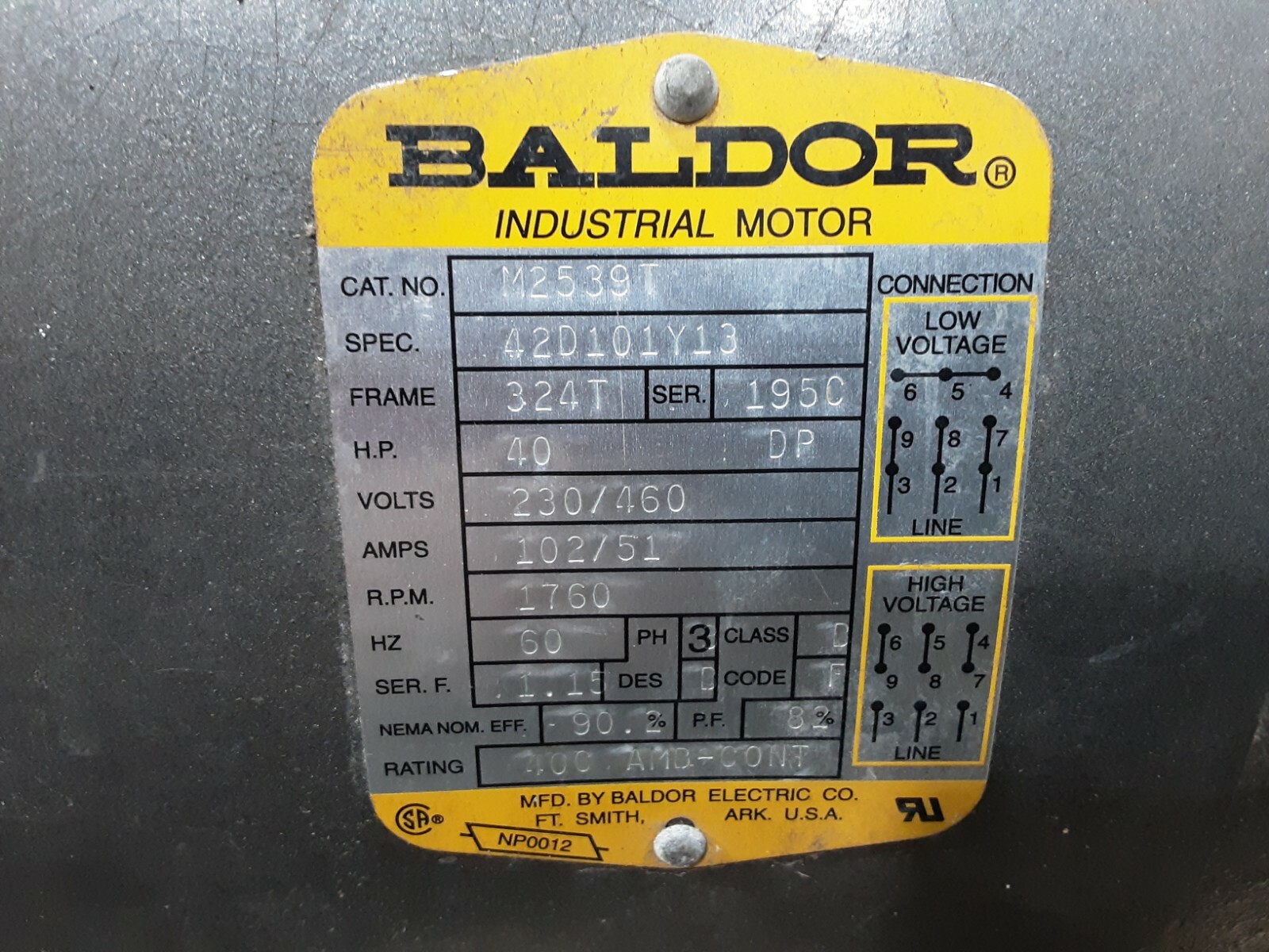 BALDOR ELECTRIC MOTOR M2539T 40HP 1760 RPM Frame 324T 3PH #70BP | eBay