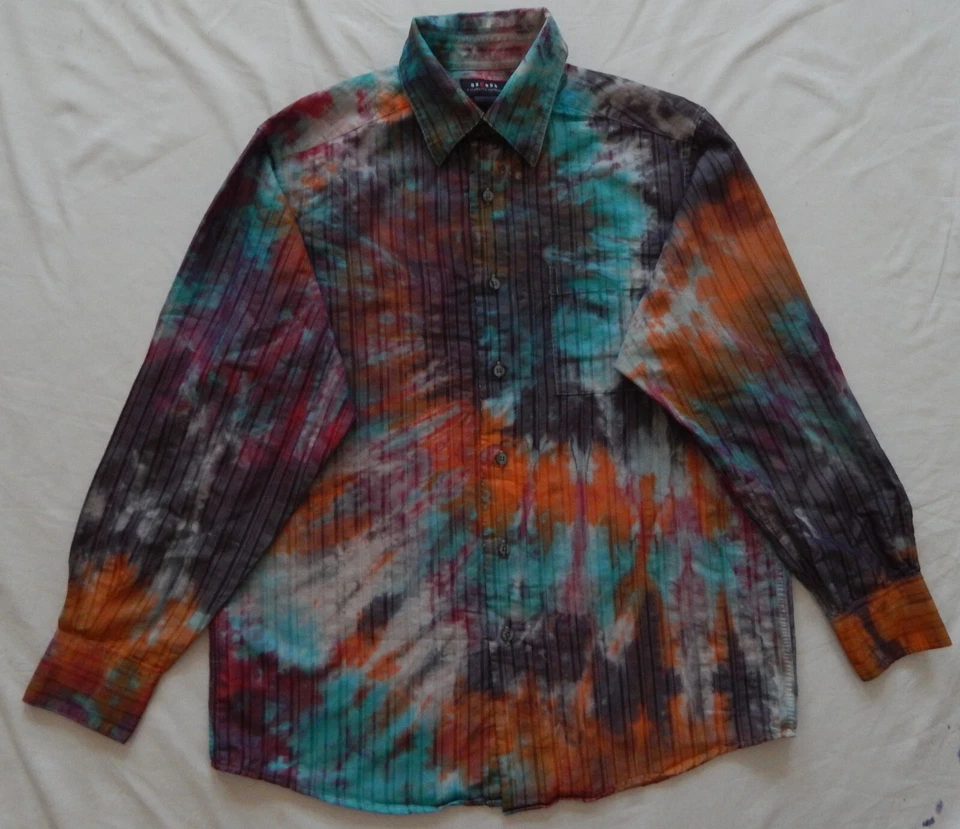 Camisa de vestir Tie Dye azul naranja negra manga larga abotonada - mediana para hombre rayón Foto 3 de 4