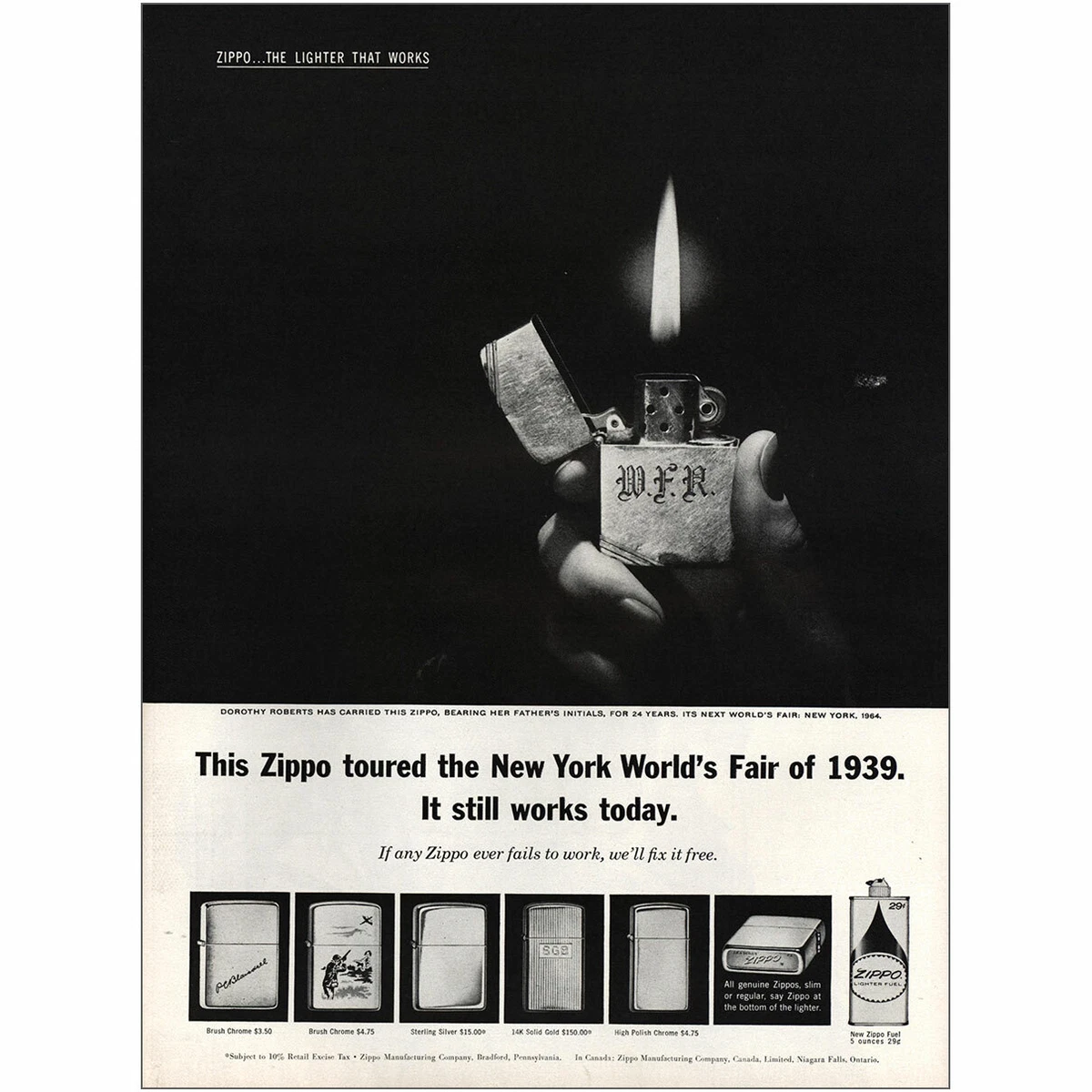 1963 Zippo: Toured the New York Worlds Fair 1939 Vintage Print Ad