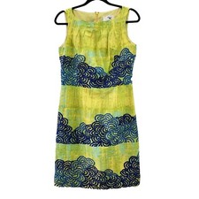 Anthropologie Tabitha Azure Scroll Sheath Dress Size 8 Swiss Dot Yellow & Blue