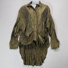 Vintage Shirt Womens Large Green Crinkle Hi Lo Pockets Made in USA 80s