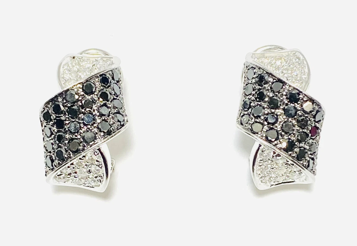 14K White Gold .64ctw Black And White Diamond Pav 17mm Omega Back Earrings 6.7g