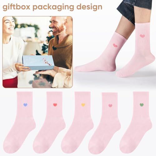 Women's Crew Calf Cotton Socks Long Fun Cute Heart Soft 5-9 5pairs-light Pink - Picture 5 of 7
