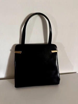 Vintage 1940s Black Leather Top Handle Handbag with Brass Frame - Image 1 of 4