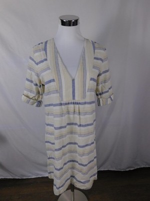 Corey Lynn Calter Dress Womens 8 Beige Striped V-Neck Shift Pockets Casual