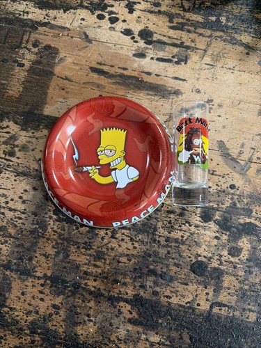 RARE -  The SIMPSONS Ash Tray and Bob Marley Shot Glass Peace Man