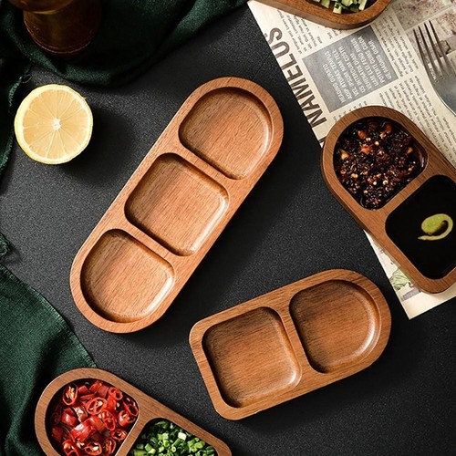 1Pcs 2/3/4 Grids Solid Wood Tray Breakfast Food Sushi Bread Dessert Sauce - Picture 4 of 15