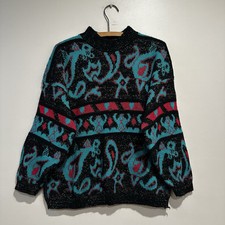 Vtg 80s 90s Spunky Sweater USA Made Black Metallic Red Teal Paisley