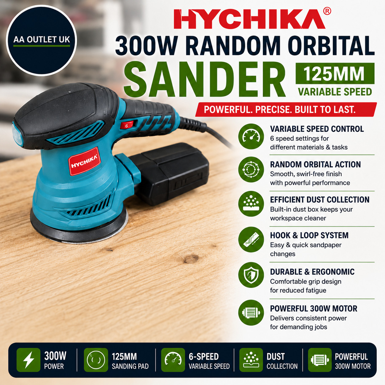 HYCHIKA 300W Random Orbital Sander 125mm Variable Speed Sandpaper Heavy Duty