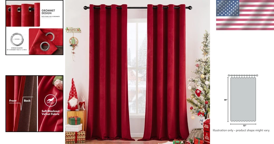 Luxurious Christmas Red Velvet Grommet Curtains - Thermal Insulated & Soundproof - Image 2 of 4