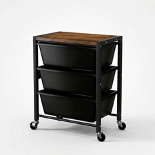 Rolling Storage Cart 3 Drawer Organizer Bin Metal Frame Wood Top Black Office