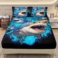 Cartoon Shark Fitted Sheet Set Queen Size, Blue Ocean Animal Themed Bed Sheet...