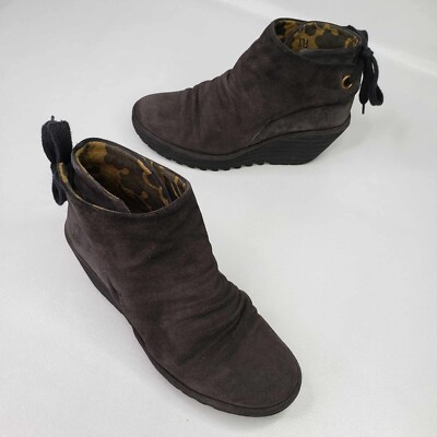 FLY London Boots Yama Yebi Suede Ruched Ankle Gray Women's Size 8 Wedge Bootie