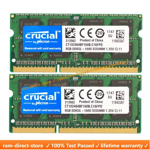 Crucial DDR3L 16GB 1600 2x 8GB PC3-12800 Laptop SODIMM Memory RAM PC3 16G DDR3