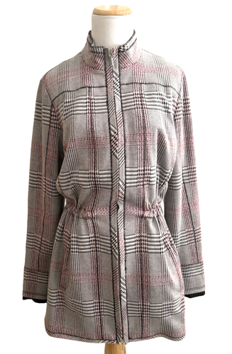 Per Se Carlisle Jacket 10/12 Black White Red Geometric Cinch Waist Pockets Lined