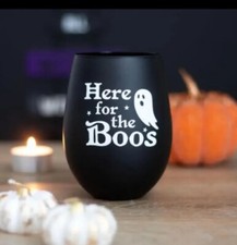 Here For The Boos Ghost Black Stemless Drinking Wine Glass Gift Halloween