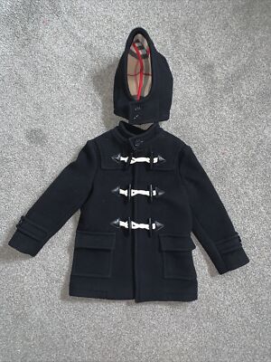 BURBERRY NAVY BLUE WOOL Duffle Hooded Toggle Jacket Coat