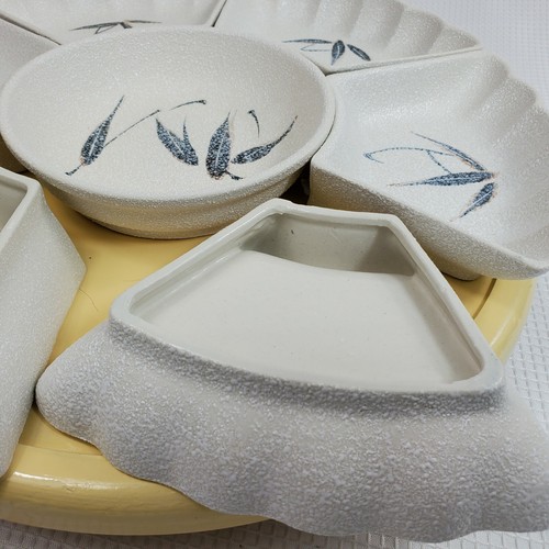 Vintage Lazy Susan Condiments Tray Set Bamboo Leaves Print White Porcelain - Picture 10 of 12
