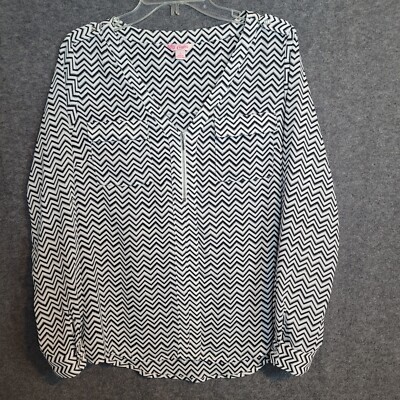 Candies Top Womens L 90s Style Black White Zigzag 1/4 Zip Roll Tab Sleeve Office