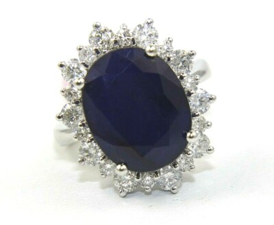 Natural Oval Blue Sapphire & Diamond Halo Solitaire Ring 14k White Gold 11.67Ct