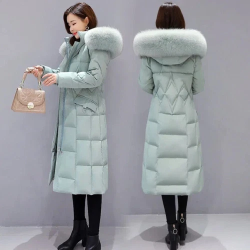 Winter Daunen Baumwolle Jacke lang Slim Fit großer Fellkragen Damen Kapuze warm Jacke - Bild 8 von 19