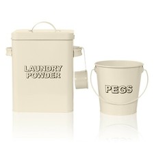 Vintage Cream Laundry Detergent Storage Box with Matching Peg Bucket and Scoop