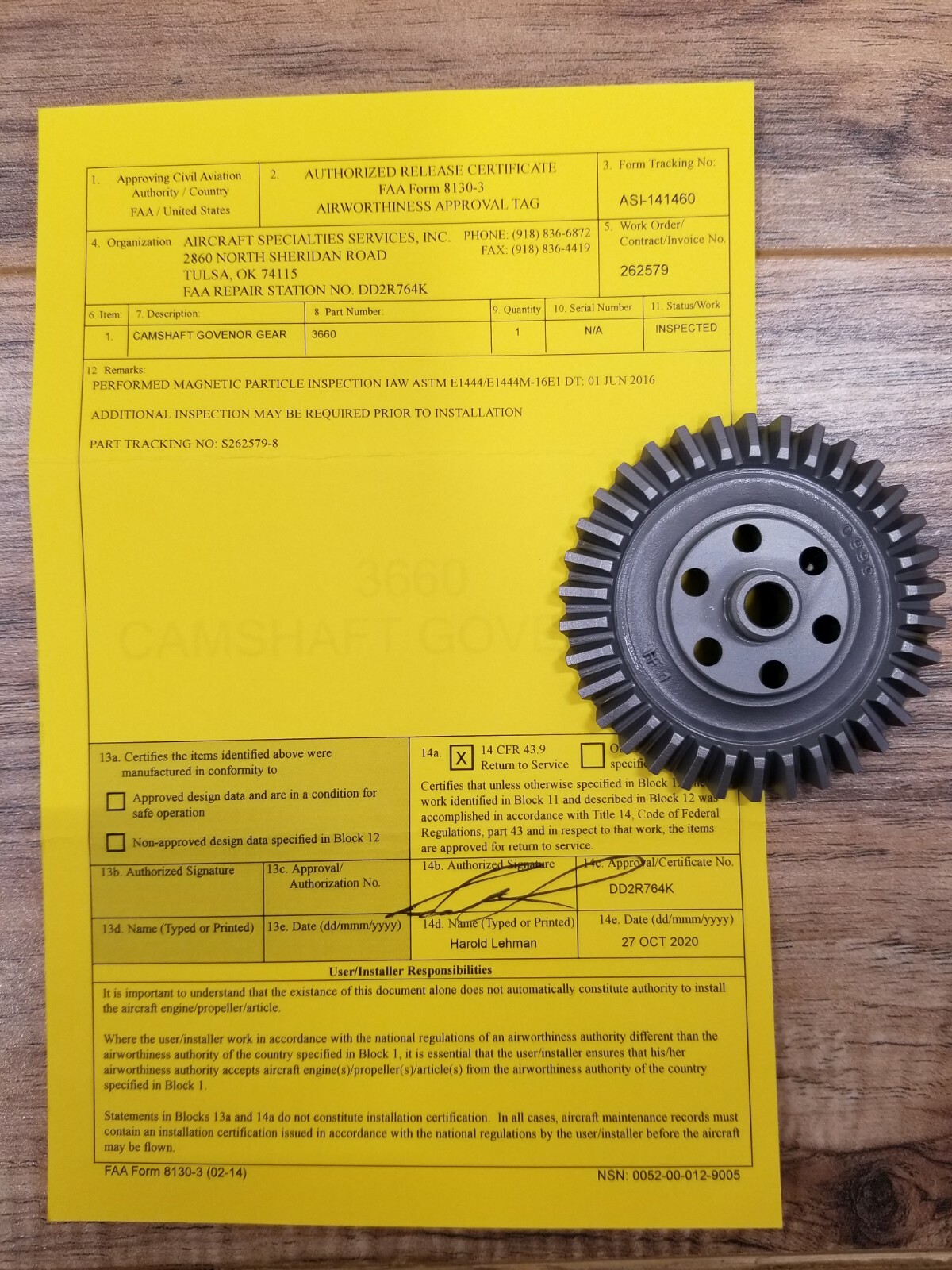Continental C90, O200 Camshaft Vacuum pump gear. Yellow Tag P/N 3660