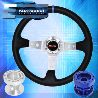 Deep Dish Black Steering Wheel Silver Center Blue Hub Extender For 86-01 Integra