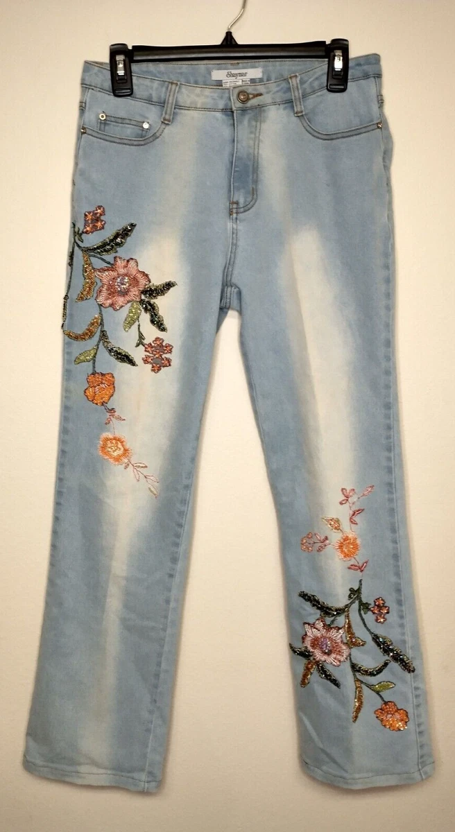 SHAYMAR Women's Vintage Embellished Jeans Size 6 Light Blue White Wash  Floral