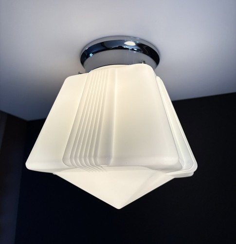 Antique 20s 30s Art Deco Machine Age Milk Glass Gatsby Theater Ceiling Light Vtg - Picture 14 of 21