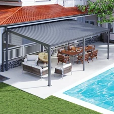 Domi 12x20FT Lean to Gazebo, Wall Mounted Gazebo w/Sloping Roof,Drainage System