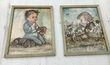 VINTAGE  60s PICTURES TODDLER GIRL & BOY, FRAMED SET OF TWO 8.5 X 11 ins VGC