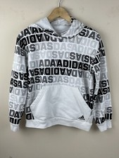 Adidas Sweatshirt Youth Size Large 14-16 Hoodie All Over Print Logo Cotton White