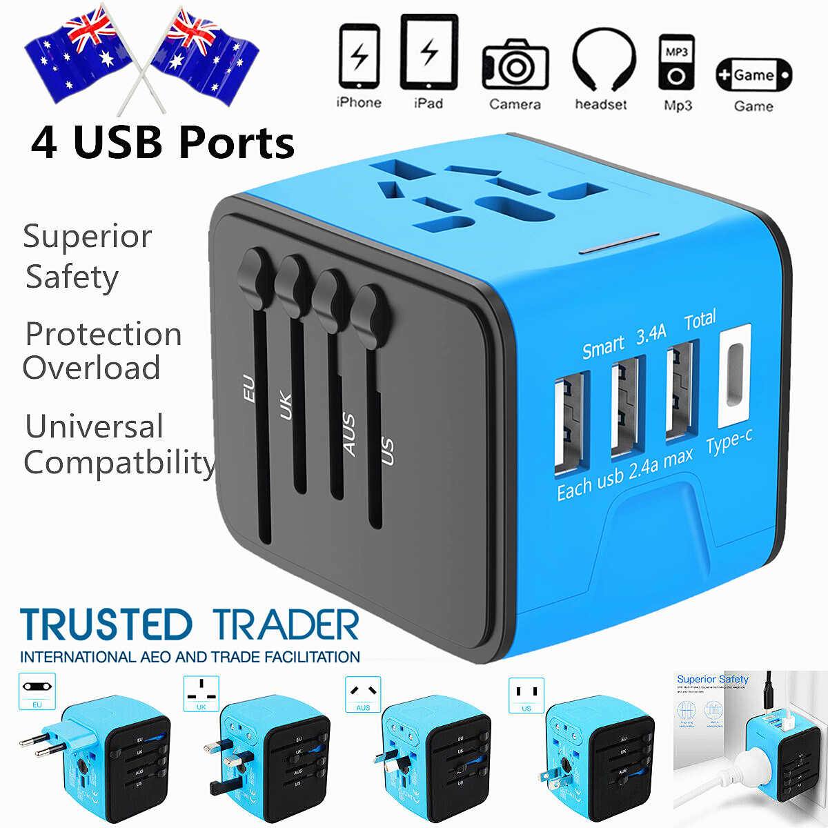 International Universal Travel Adapter 3 USB Type C Outlet Converter