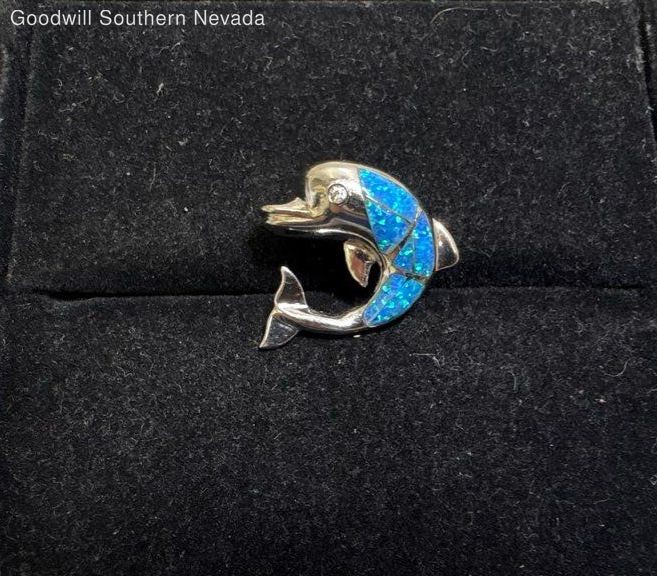 23mm Sterling Silver Dolphin Pendant with Opal Inlaid and White Stone
