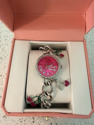 Y2K Juicy Couture Charm Bracelet Watch Pink Face Cherry Heart Charms & Box