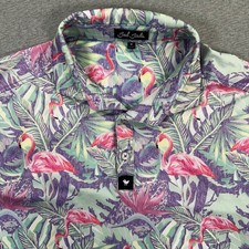 Bad Birdie Polo Shirt Mens Large Flamingo Tropical AOP Colorful Golf Graphic